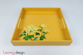 Yellow square lacquer tray hand-painted with chrysanthemum 30cm